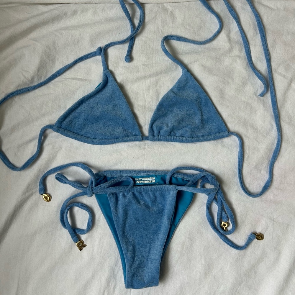 RILEY HUBATKA x PEPPERMAYO Blue Triangle Bikini with Gold Accents